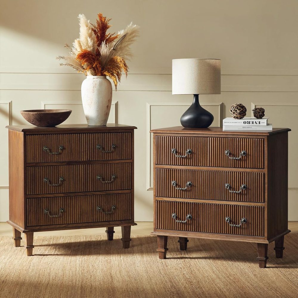 HULALA HOME French Country Nightstand Set of 2, 30 inches Paulownia Wood Nightstand with Charging Station(Walnut)