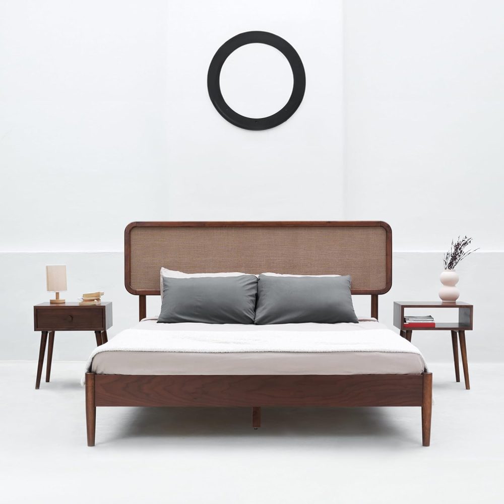 NTC Lupin Wooden Bed Frame with Headboard, Crafted from Walnut, Rubber Wood with Silent Slats and Wood Central Supports, 1000 Lb Capacity, Effortless Assembly, Queen - Dark Walnut